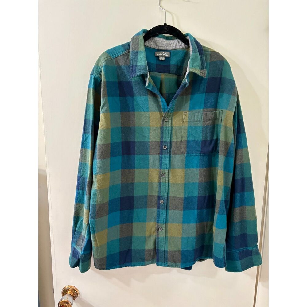 Eddie Bauer Mens XX-Large 100% Cotton Green & Blue Large Plaid Long Sleeve Shirt